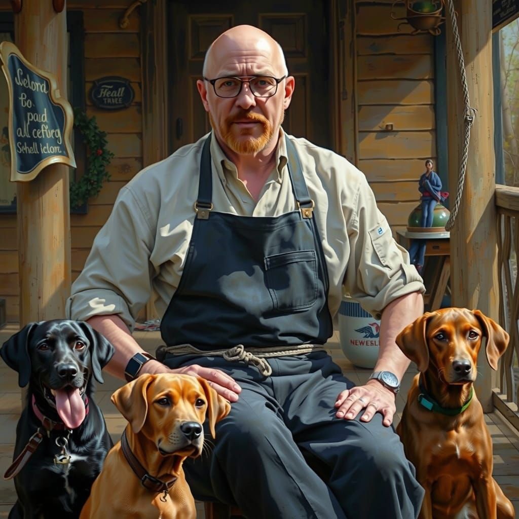 Chef with Hunting Dogs: Matte Oil Painting
