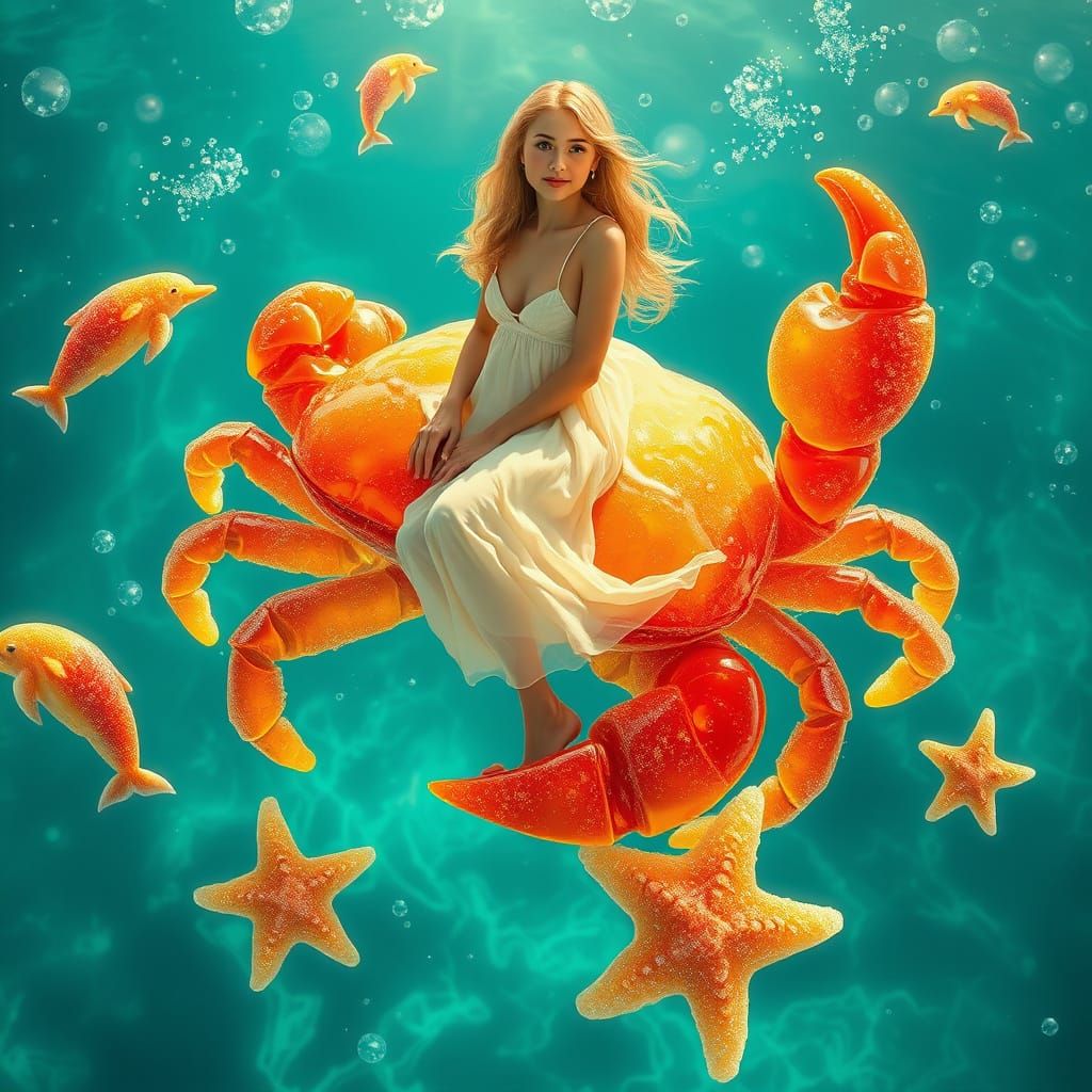 Woman Rides Gummy Crab in Soda Sea, Surreal Digital Art