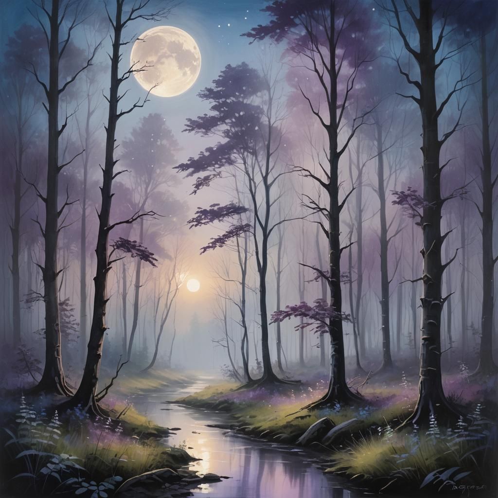 Dreamy Forest Landscape with Full Moon