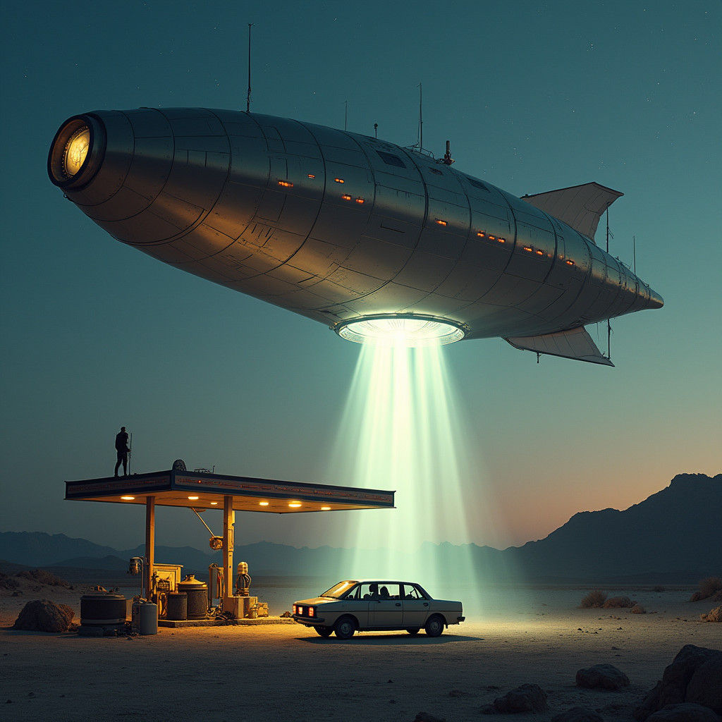 Space Airship Hovering Above Desert Gas Station