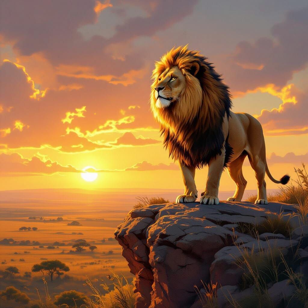 Lion on Savanna Cliff in Hyperrealistic Style