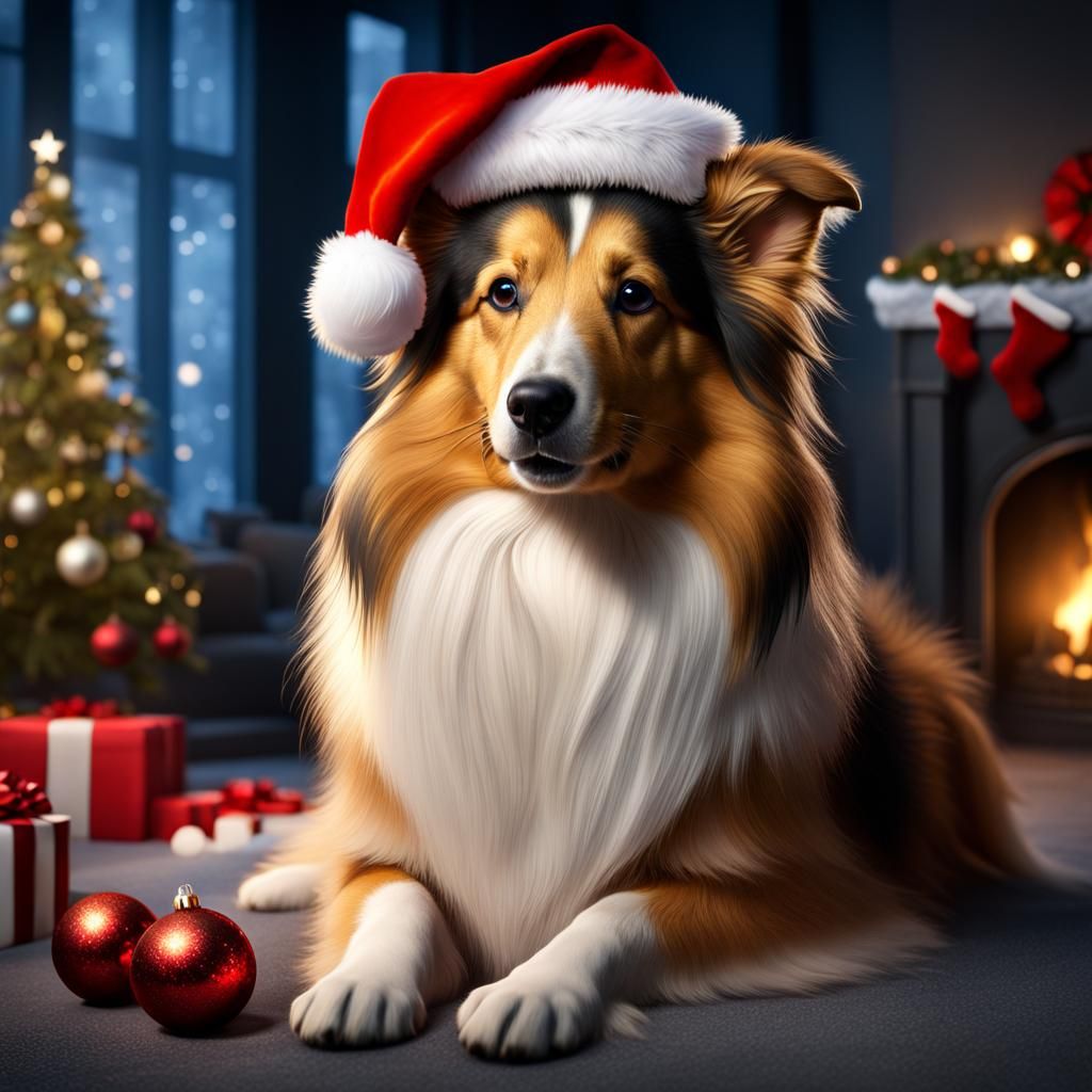 Festive Golden Shetland Sheepdog in Santa Hat