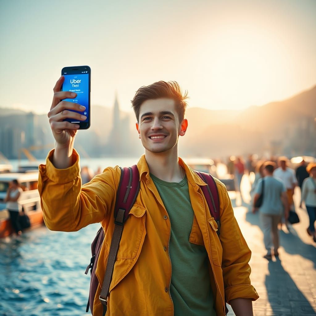 Young Man Orders Uber Taxi in Bustling City