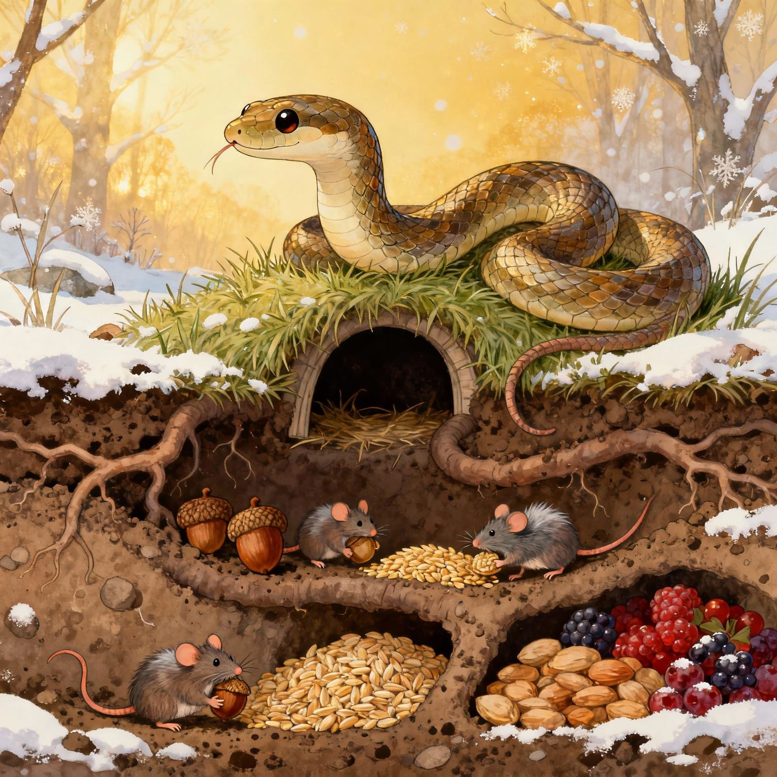 Cross-section schematic. A friendly snake guarding a rat war...