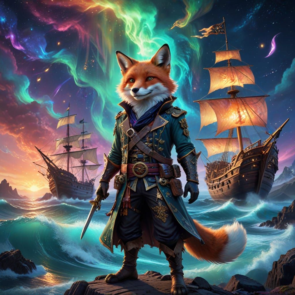 Fox Pirate Stands at Edge of Mystical Coastline with Treasur...