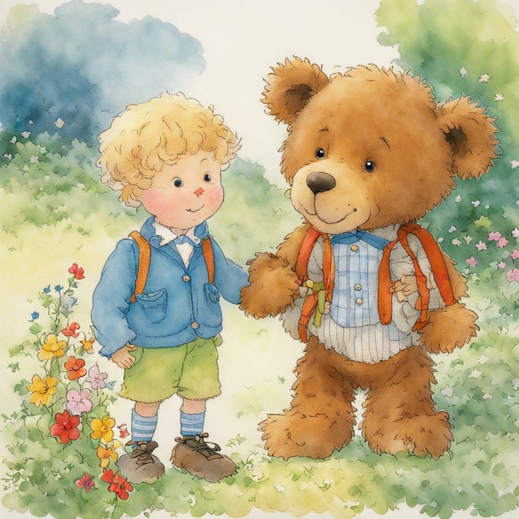 Boy and Teddy Bear in Colorful Cartoon Style