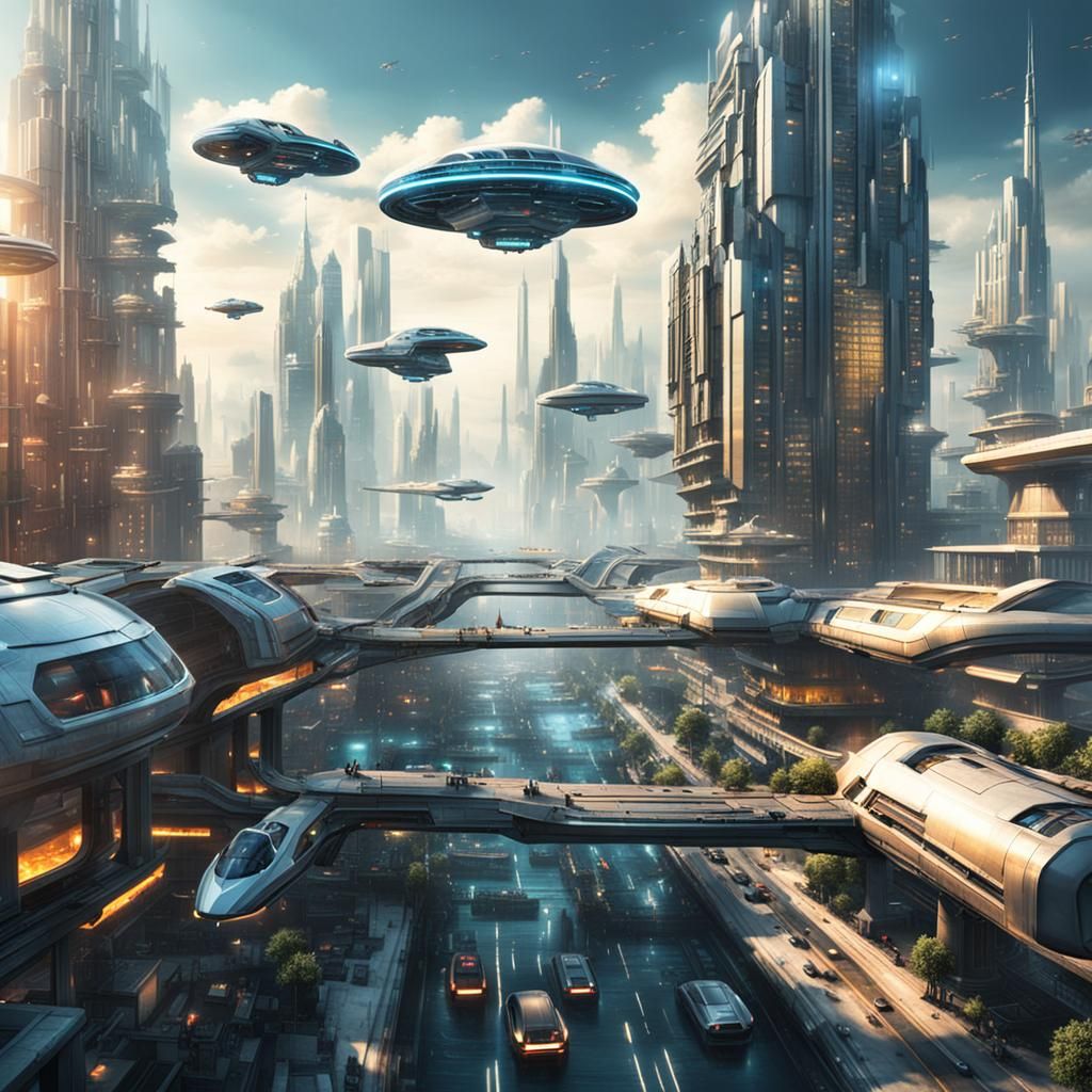Science fiction a futuristic city with flying cars and hot tech cyborgs.