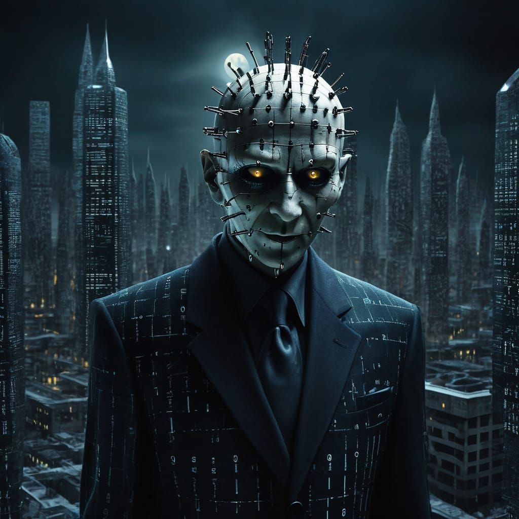 Creepy Pinhead in Binary Code Cityscape