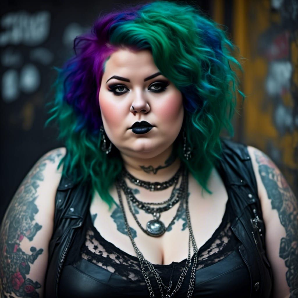 Gothic Curvy Woman with Piercings in Cyberpunk Style