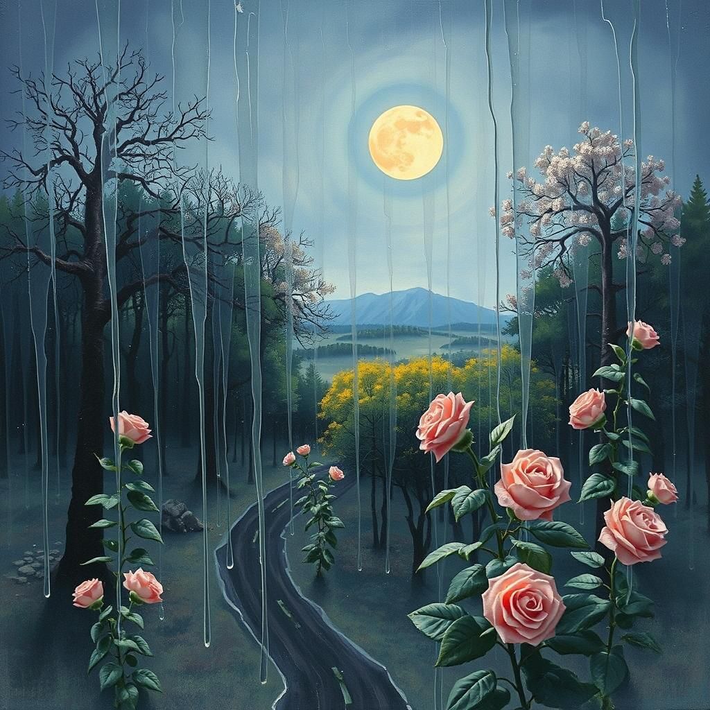 Surreal Glitching Dreamscape in Black Glass and Stone