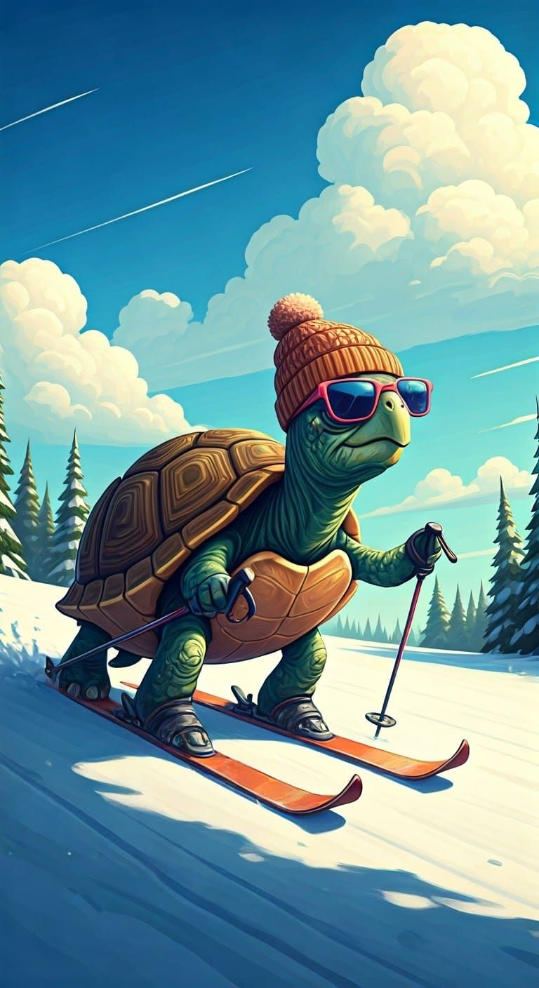 Charming Turtle Skier in Vibrant Winter Wonderland