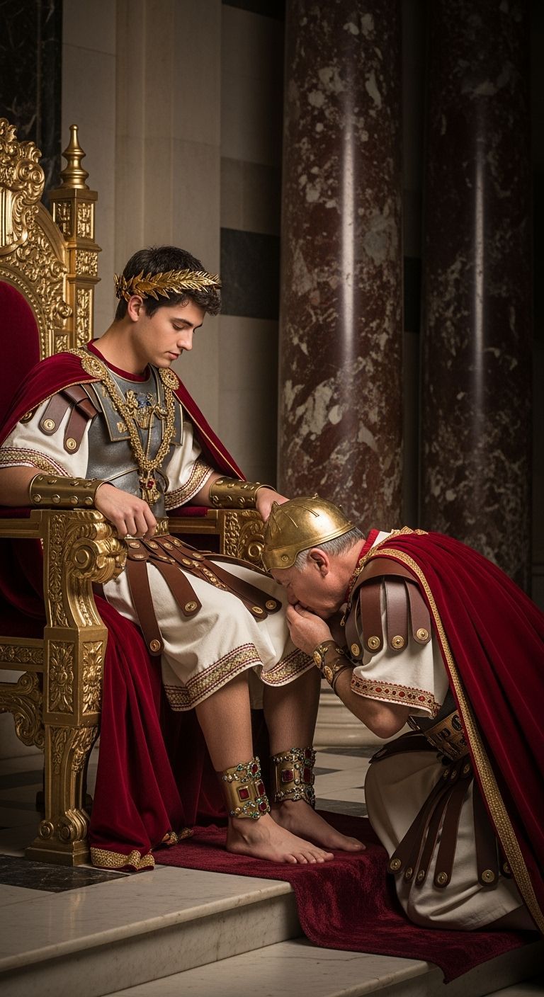Barefoot Emperor on Gold Throne, Roman Senator Kneeling