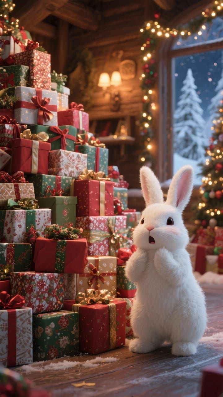 Fluffy Bunny Beside Huge Christmas Gifts
