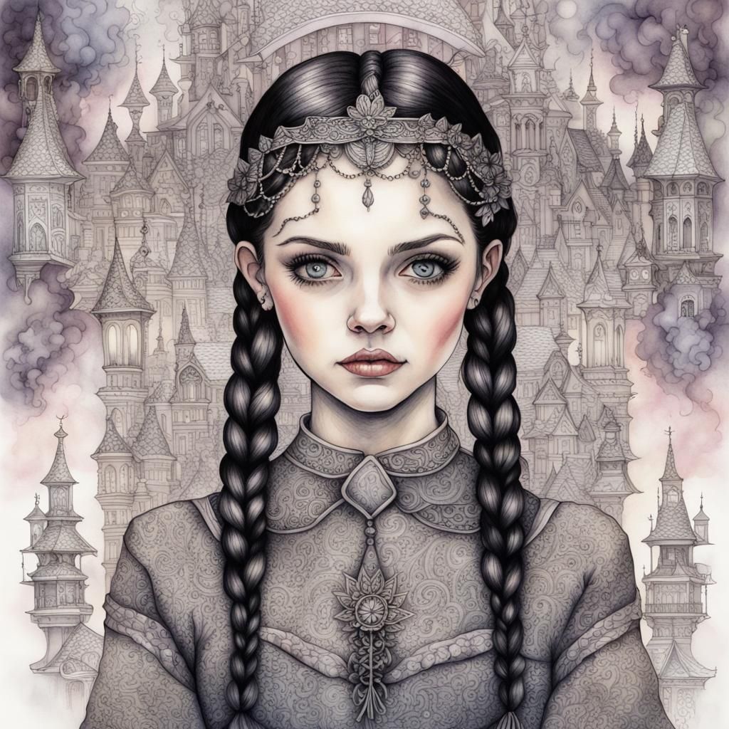 Wednesday Addams in Zentangle Style Watercolor