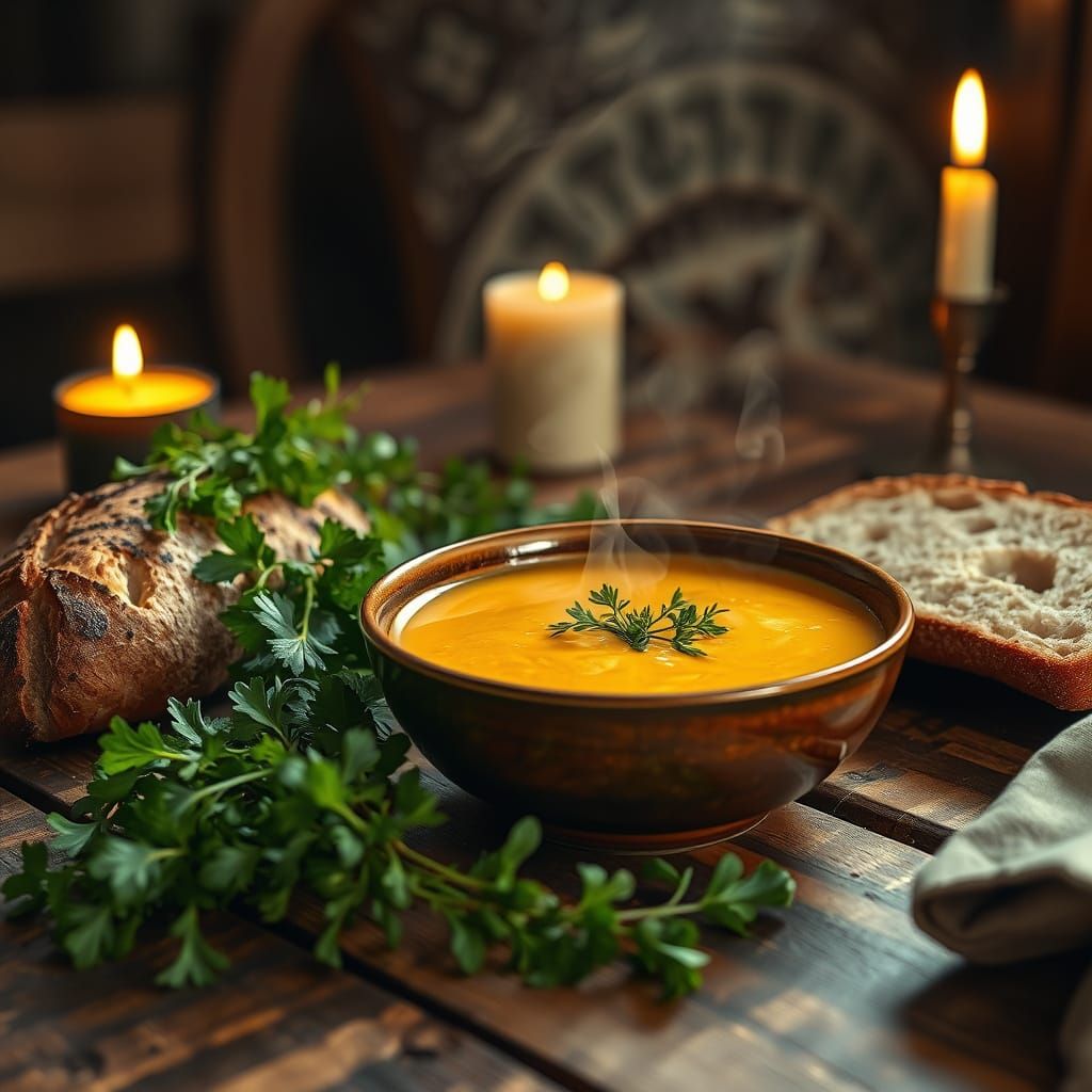 Steaming Golden Soup Bowl with Herbs and Candlelight