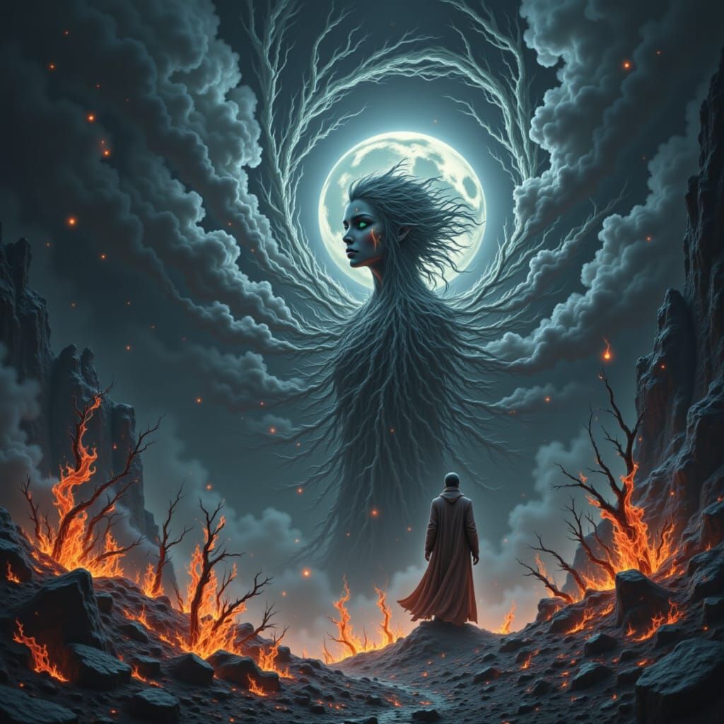 Solitary Figure Gazes at Weeping Fiery Moon