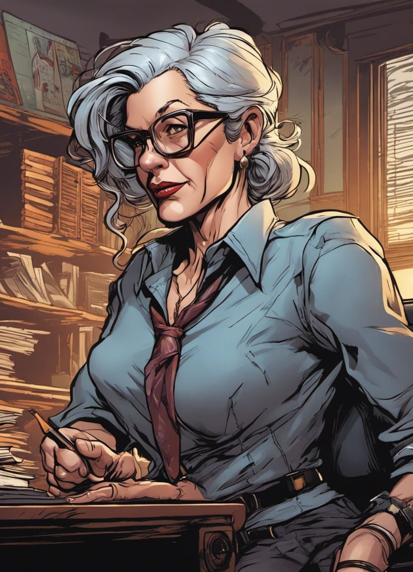 Elderly Secretary in Comic Book Art Style