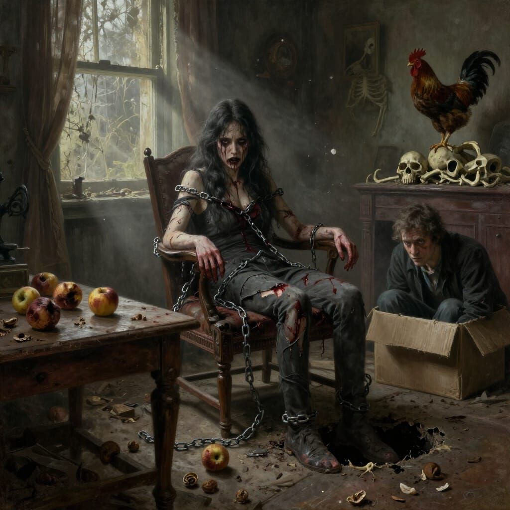 Gothic Scene: Chained Figure in Decaying Room