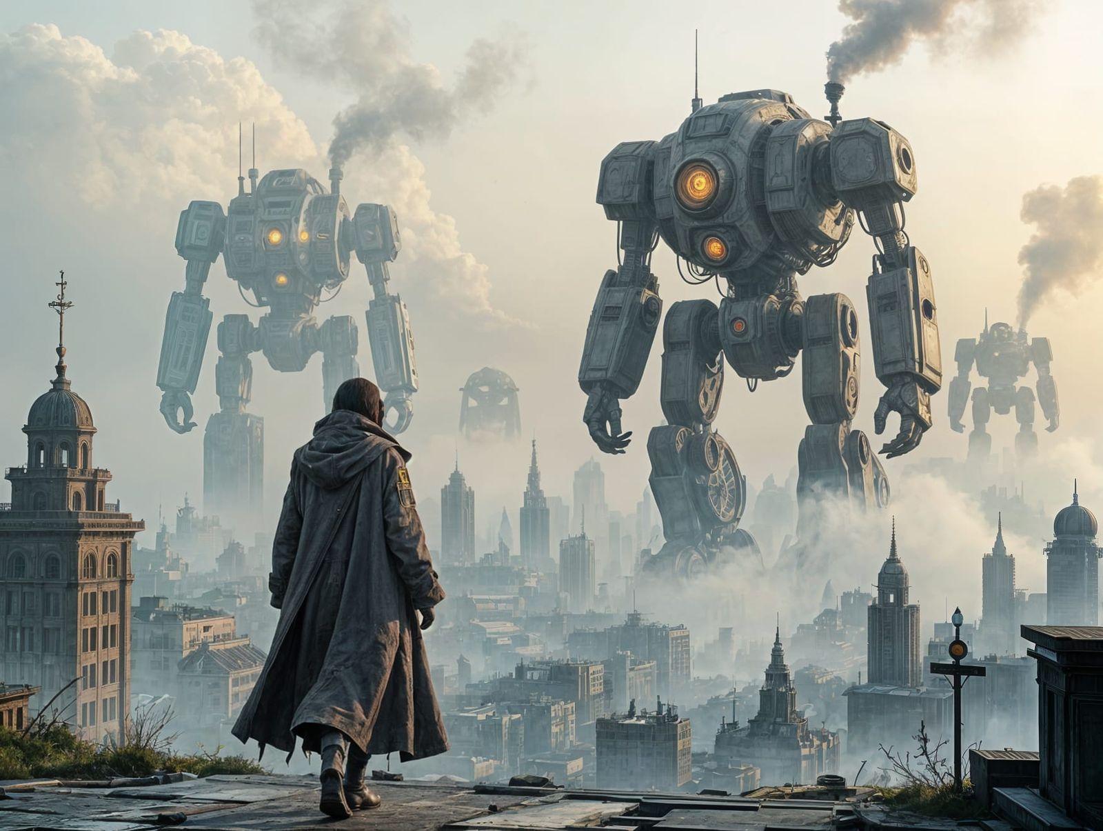 Giant Robots Over a Dystopian Cityscape in Steampunk Style