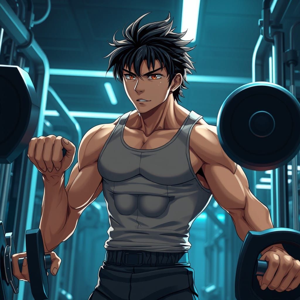 Determined Toji Fushiguro in High-Tech Gym Workout Scene