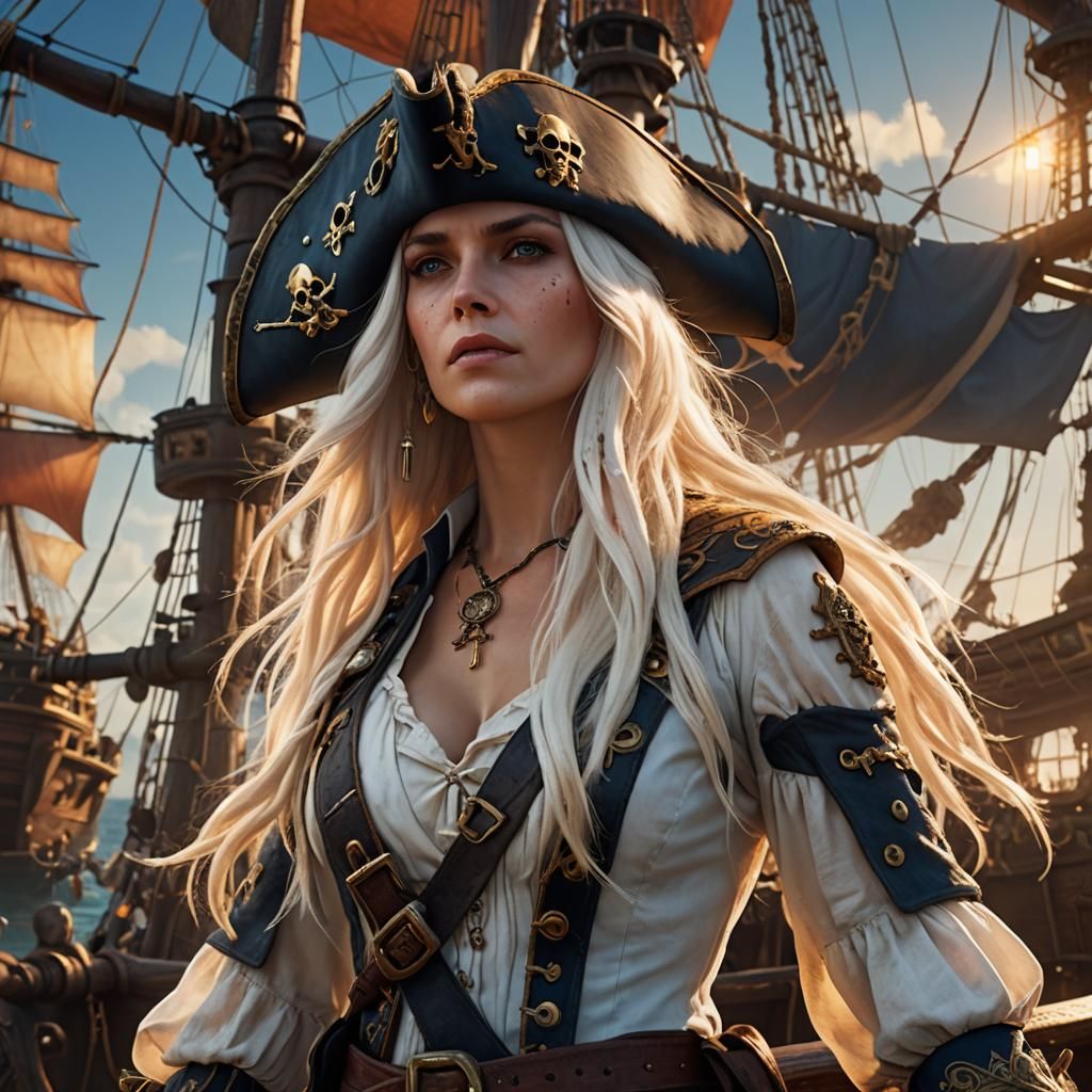 Pirate Woman on Ship at Sunset: Fantasy Art