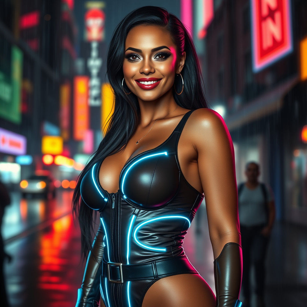 Cyberpunk Femme Fatale in Neon Cityscape