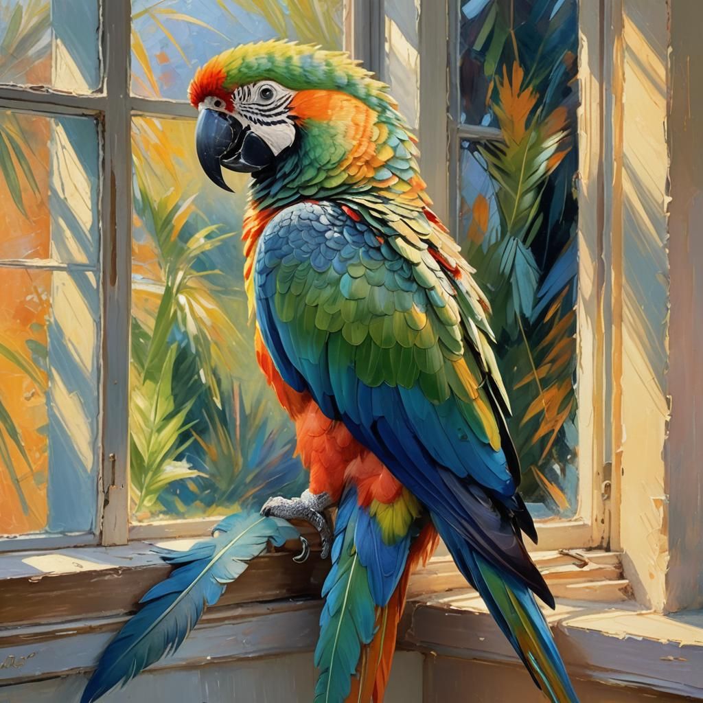 Colorful Parrot Perched on Windowsill as Impressionist Paint...
