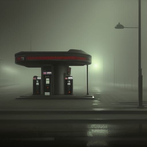 Creepy Foggy Gas Station at Midnight