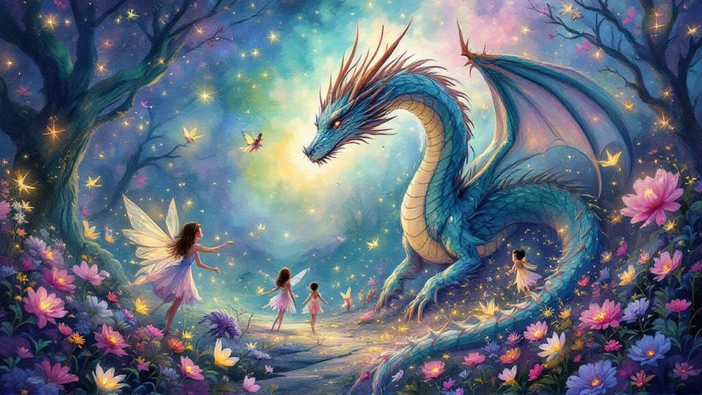 Whimsical Dragon Amidst Kaleidoscopic Dreamworld