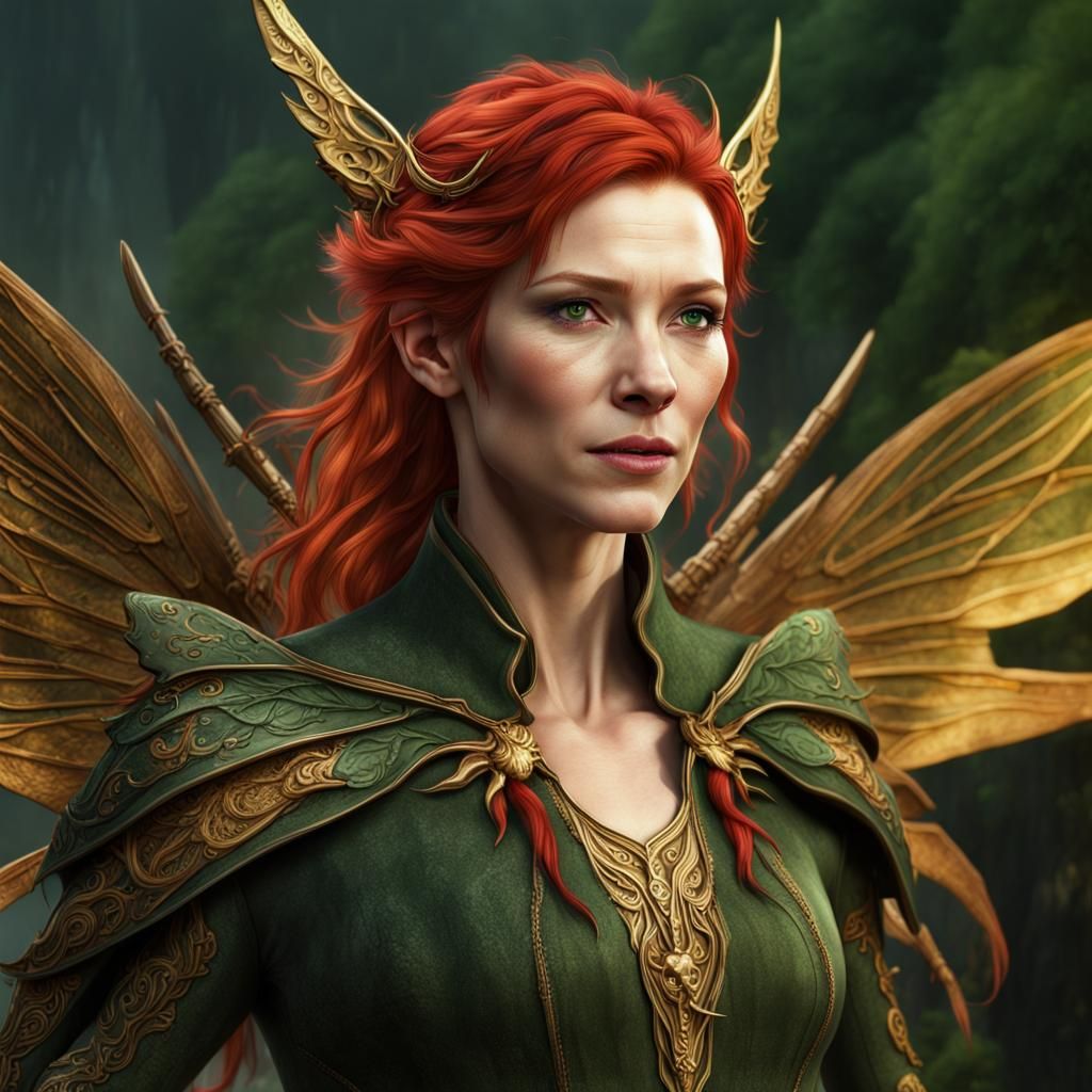 Elven Cate Blanchett with Red and Gold Fairy Wings