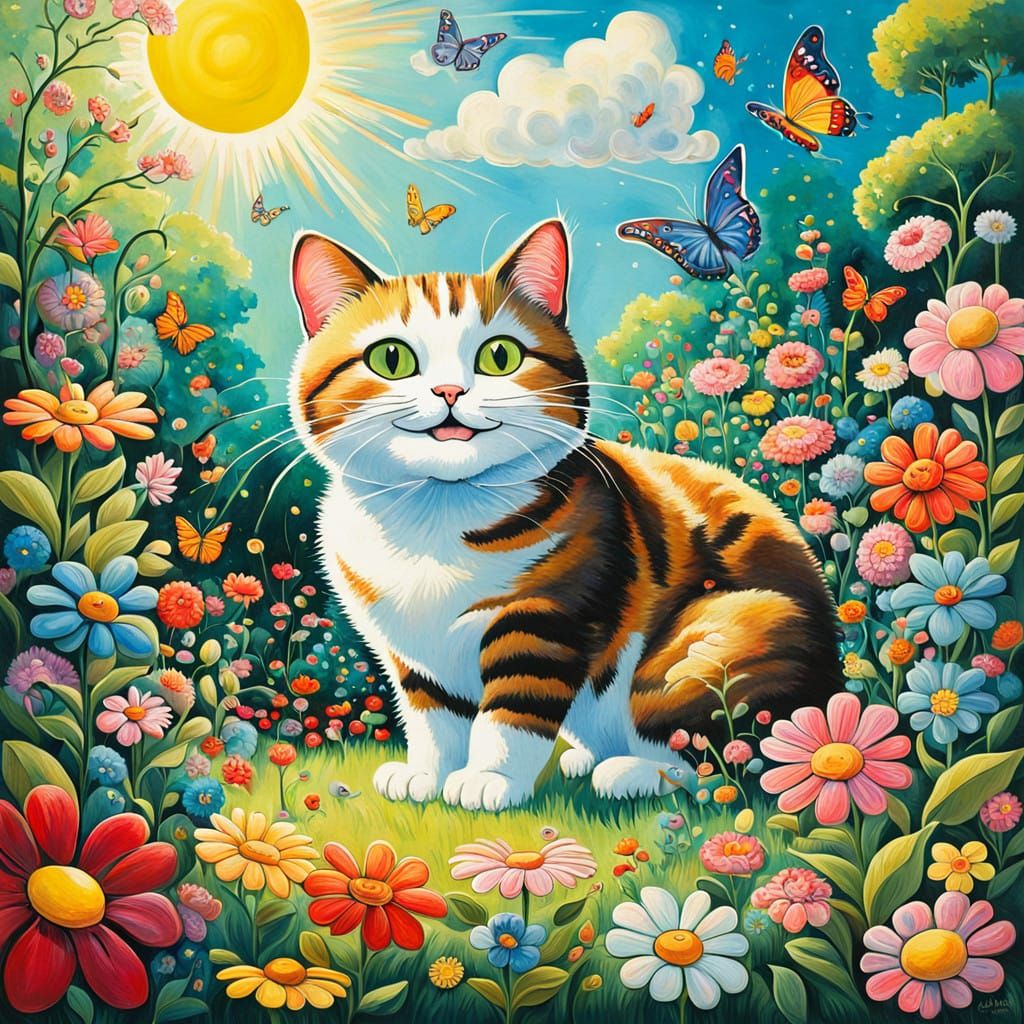 Smiling Cat in Vibrant Garden, Murakami & Rousseau Style