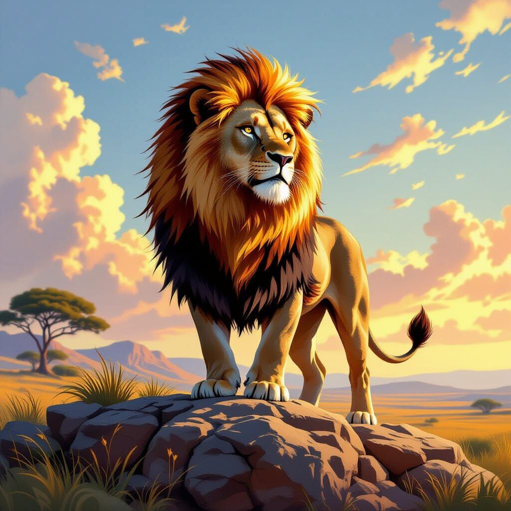 Flaming Lion on Savanna, Hyperrealistic Digital Art