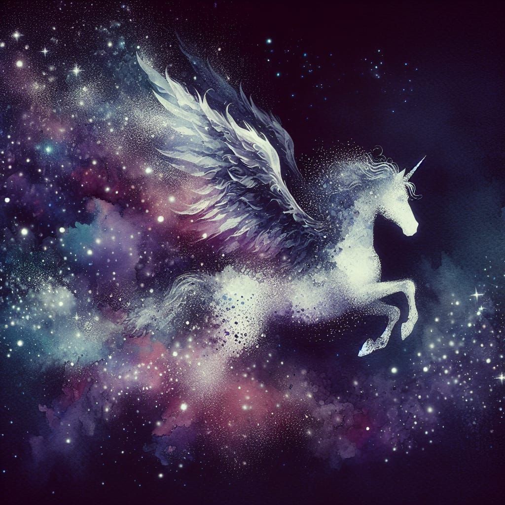 Ethereal Pegasus Silhouette in Watercolor Stardust