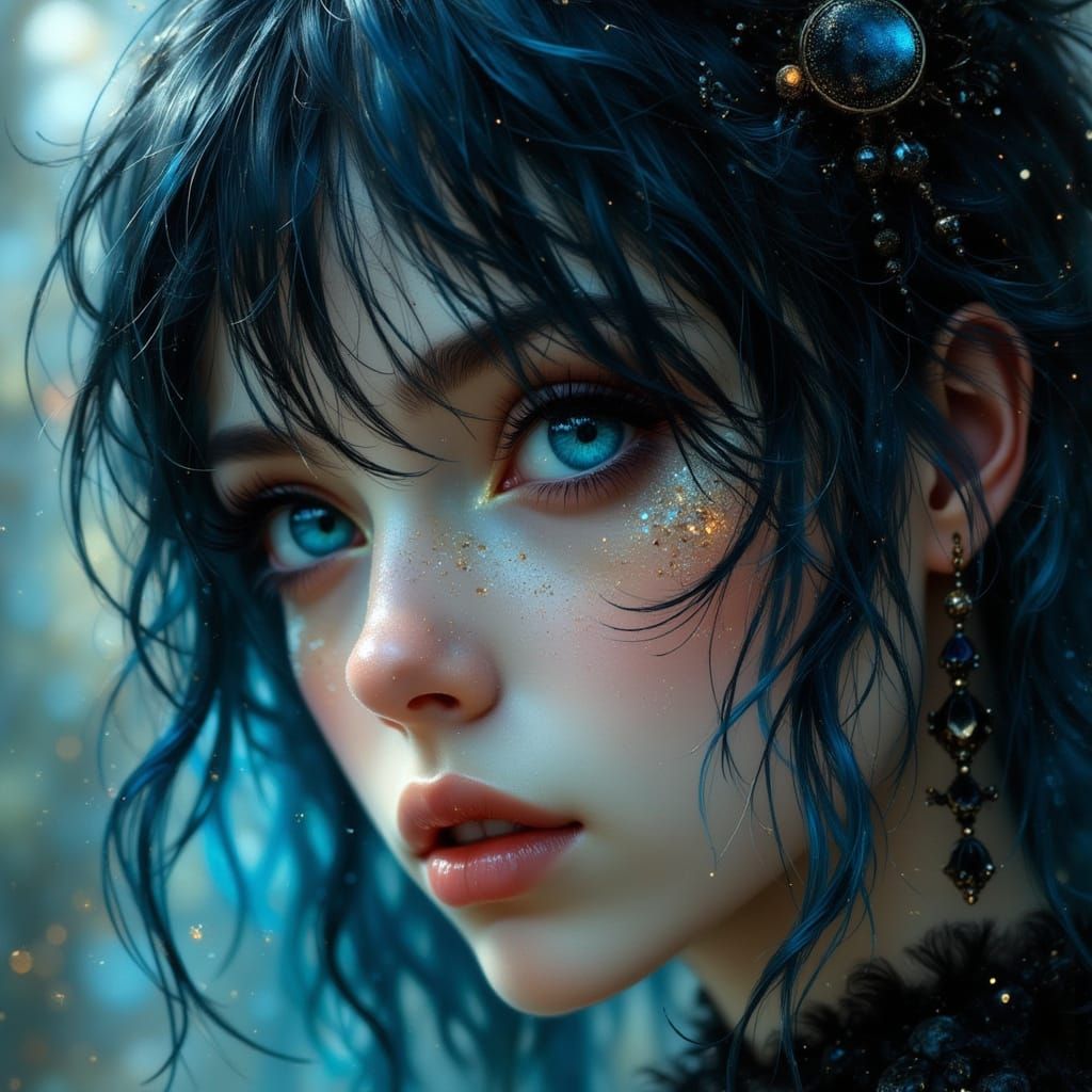 Ethereal Goth Punk Portrait with Wild Hair and Blue Eyes