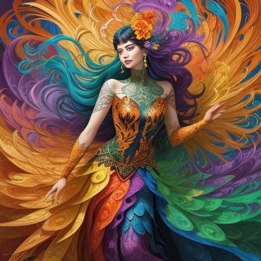 Dragon Peacock Woman in Abstract Expressionist Style