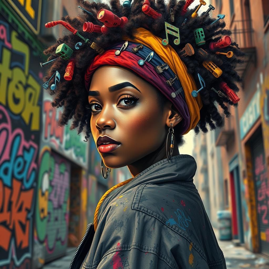 Polychromatic Afro with Music Notes in Street Art Style