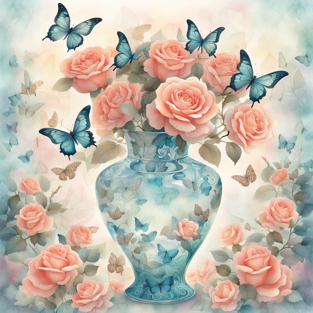 Rose Vase Transformation: Digital Art with Butterflies