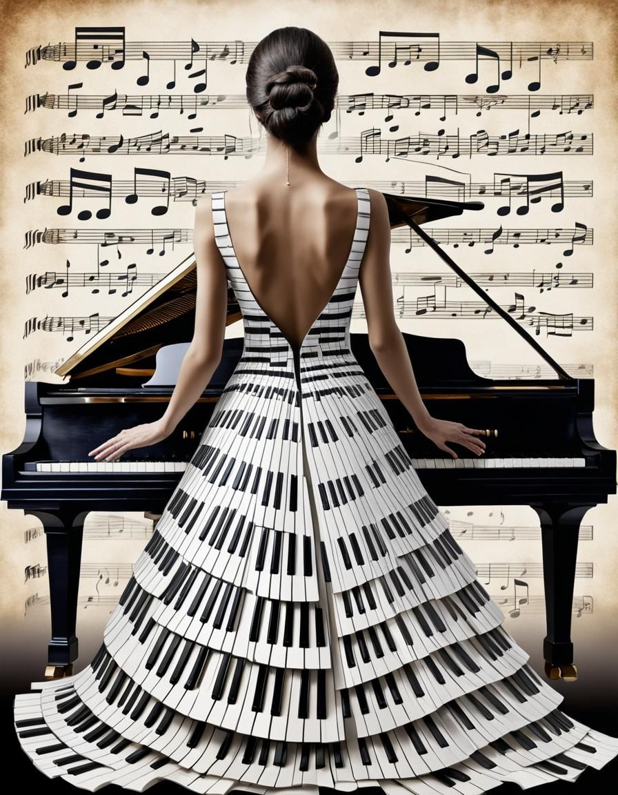 Elegance: Woman's Dress Evolves into Piano Keys