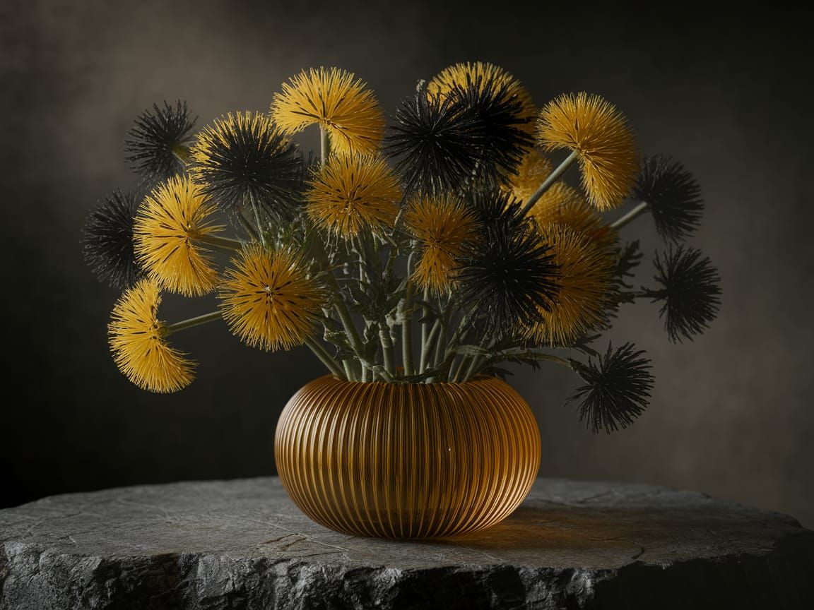 Vibrant Yellow Fuzzy Flowers in Moody Glass Vase
