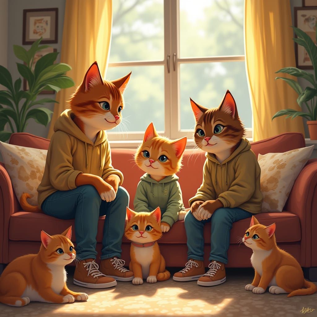 Cat Human Family Portrait in Whimsical Style