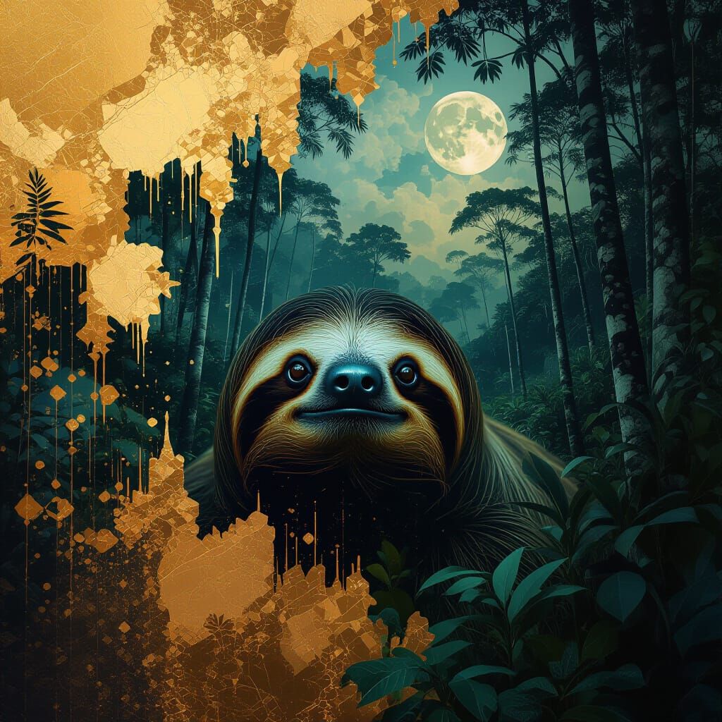 Melancholy Sloth in Moonlit Tropical Forest