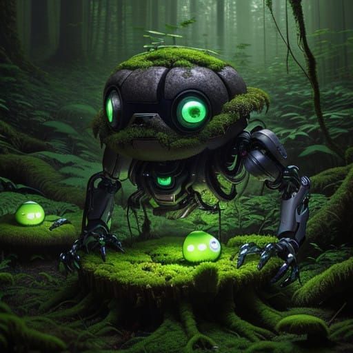 Ancient Forest Guardian Robot in Mossy Landscape