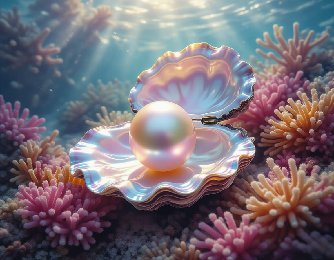 Iridescent Pink Pearl in Open Oyster on Coral Reef