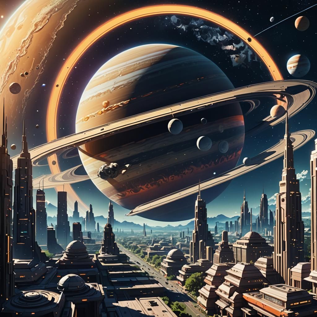 Anime-Style Space City with Saturn Backdrop