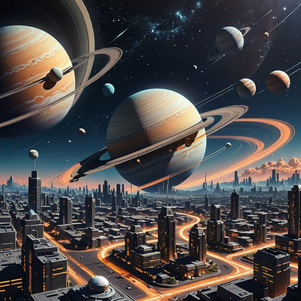 Anime Space City with Saturn