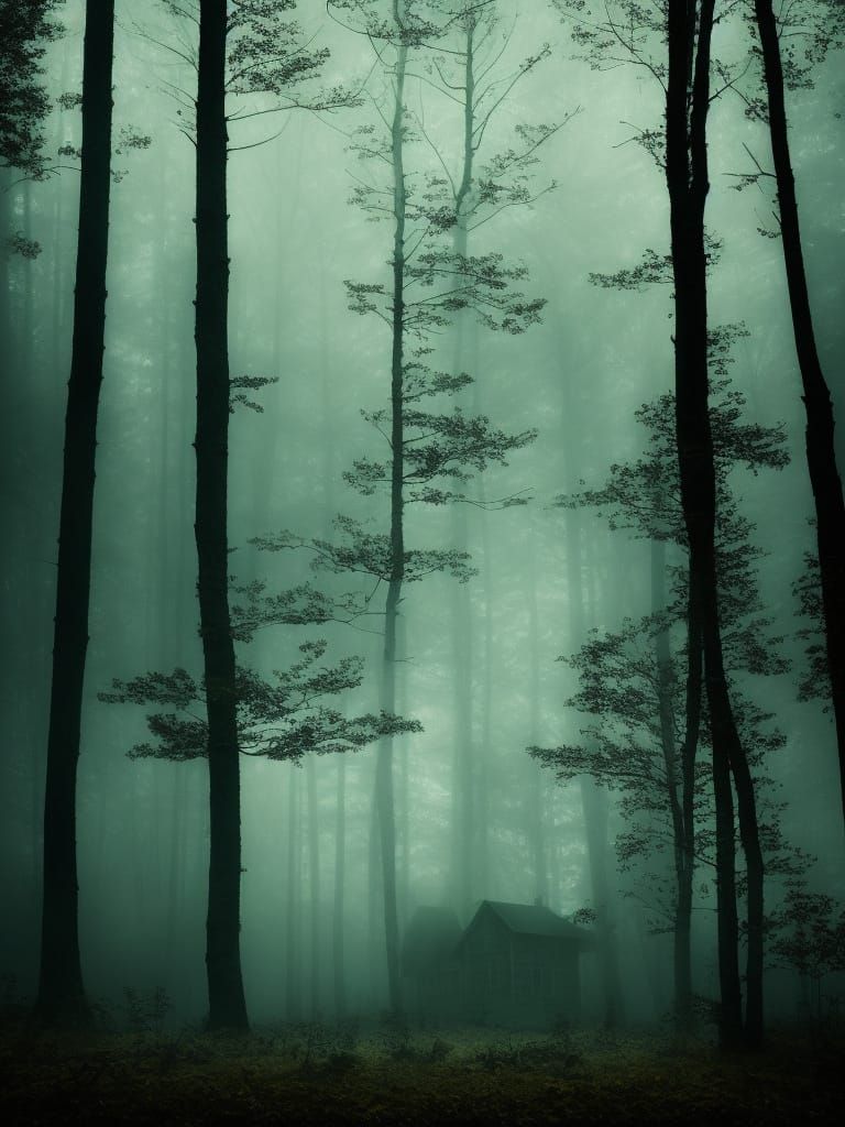Dark Fantasy Cabin in a Misty Forest, Lurking Horrors