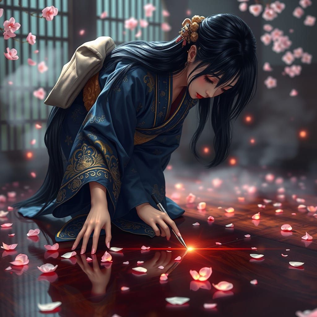 Ethereal Anime Woman in Traditional Kimono, Surrounded by Ch...