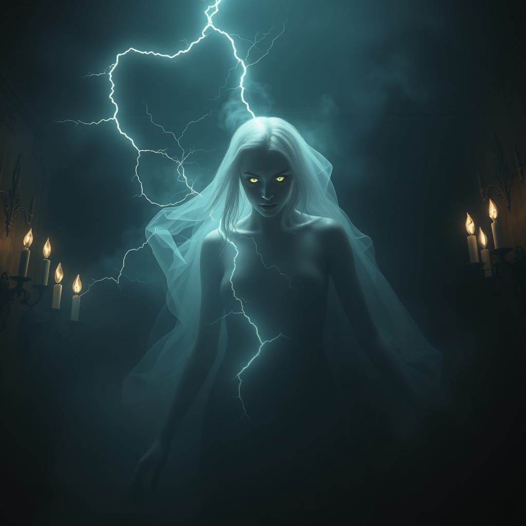 Spectral Woman in Haunted House Scene, in a Noir-Inspired Ae...