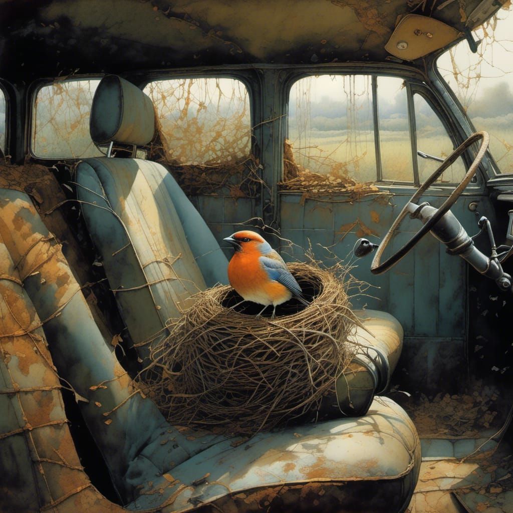 Bird's Nest in Abandoned Car: Watercolor Style