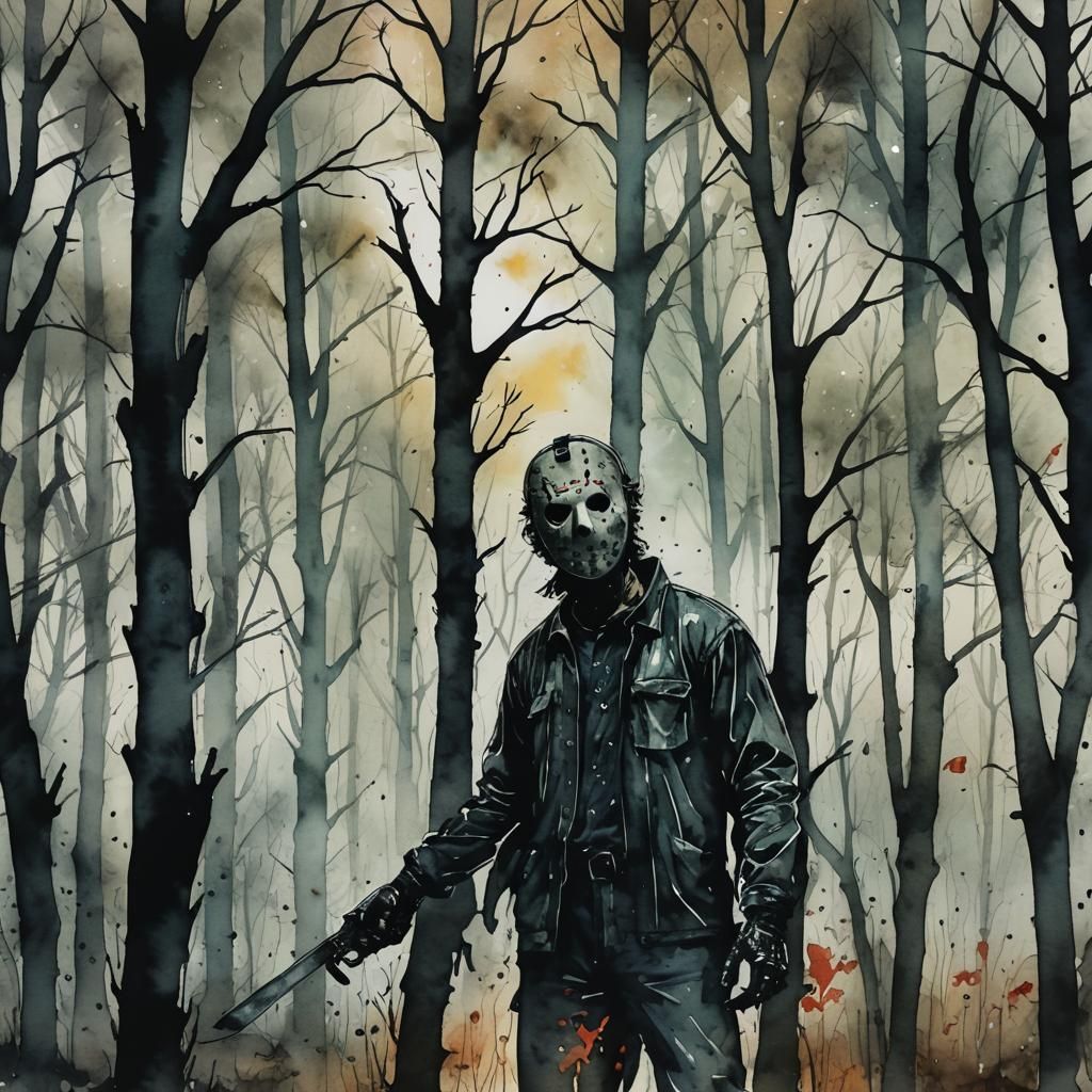 Ominous Jason Voorhees in Watercolor Horror Scene